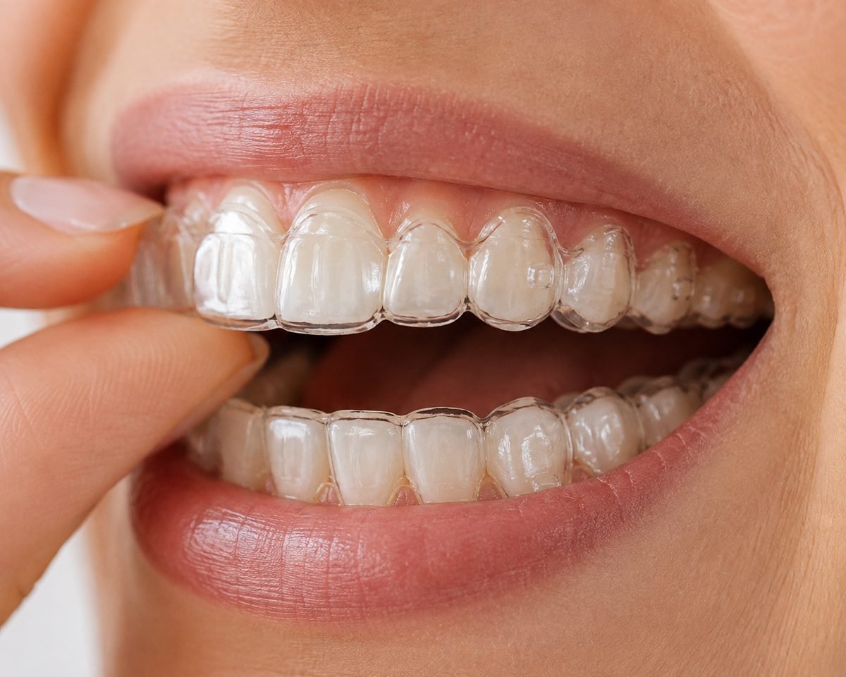 Paciente colocando um alinhador invisível transparente sobre os dentes