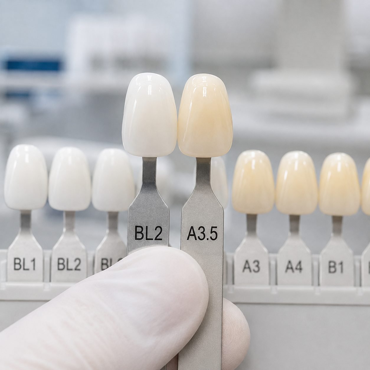 Escala de cor dental VITA usada para avaliar o tom dos dentes antes e depois do clareamento dentário