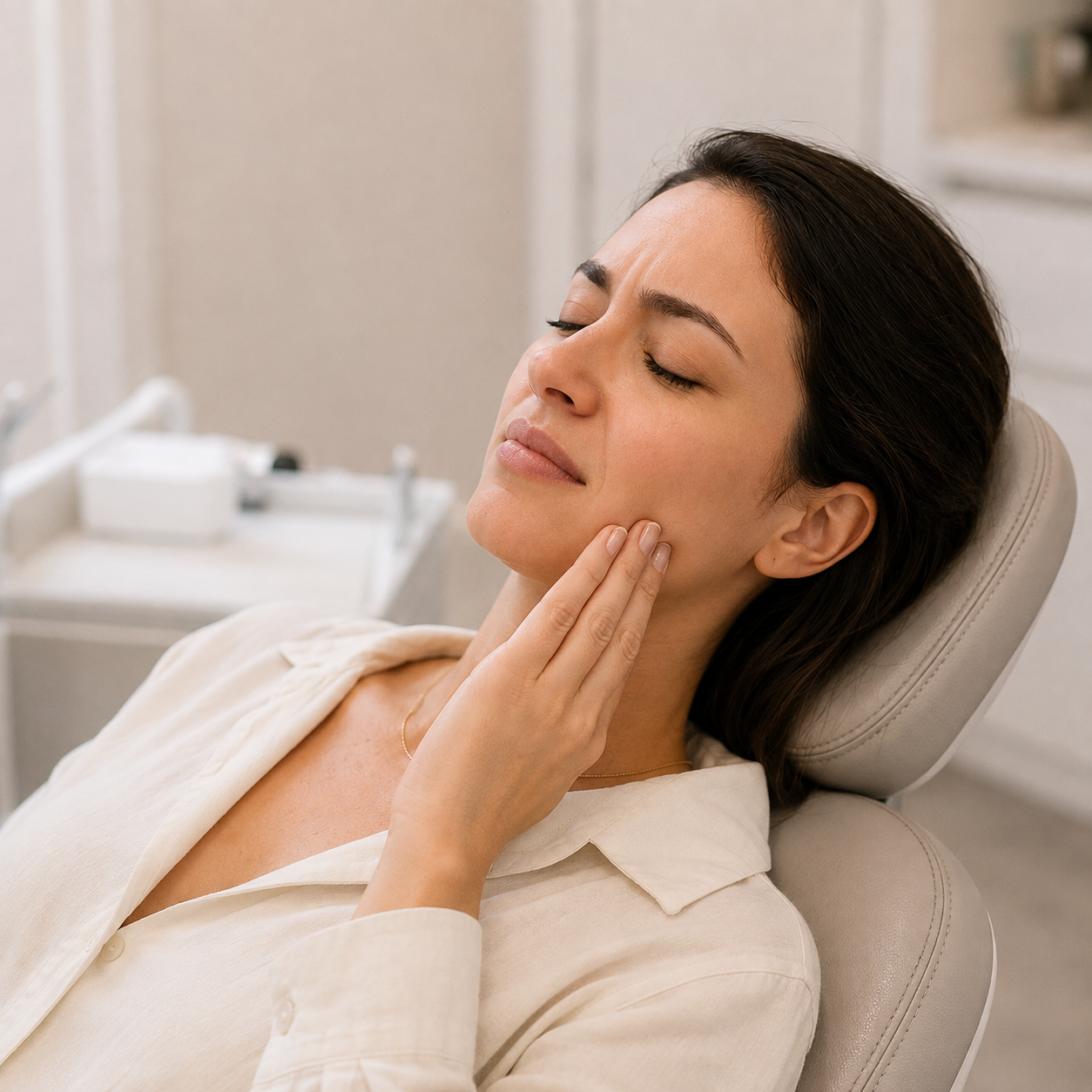 Paciente com dor orofacial e DTM, recebendo avaliação clínica em consultório